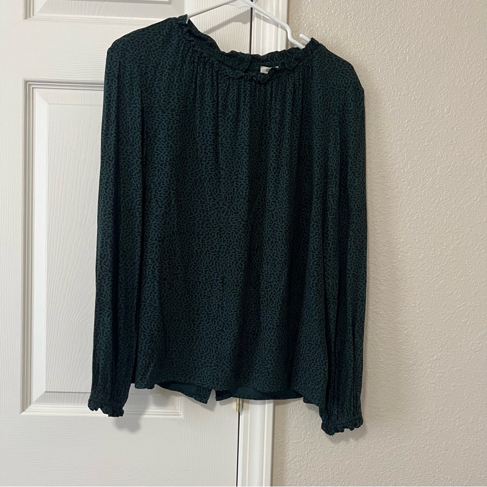 Women’s Goodthreads Green Leopard Print Blouse with Ruffle & Button Back Detail